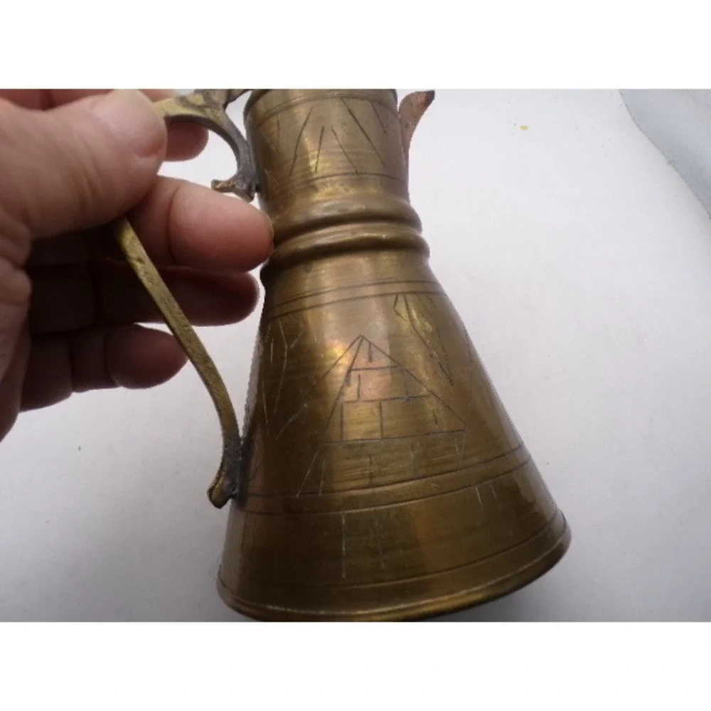 Vintage Brass Dallah Coffee Pot Hand Etched Egyptian Pyramid Design 7.5‎ Inch